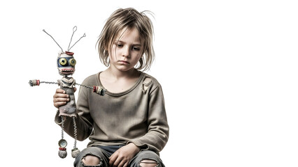 Sad child holding a handmade doll with a distressed expression