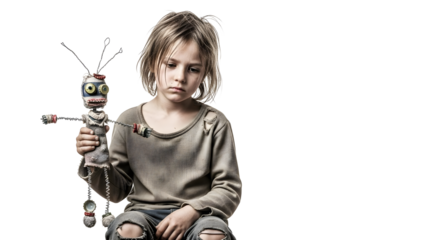 Sad child holding a handmade doll with a distressed expression