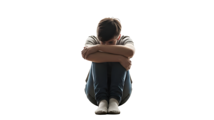 Lonely boy sits hugging his knees in the dark with a sad expression