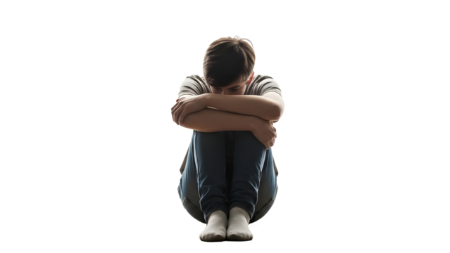 Lonely boy sits hugging his knees in the dark with a sad expression - Powered by Adobe