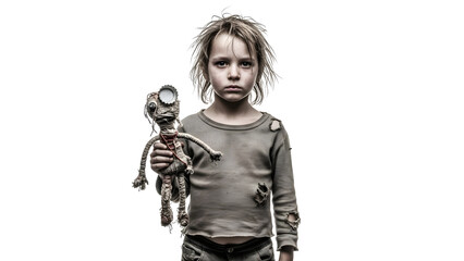 Distressed child holding a worn doll with a sad expression