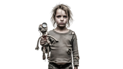 Distressed child holding a worn doll with a sad expression