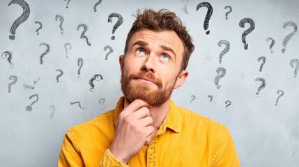 A man with a beard and a thoughtful expression is pondering while surrounded by hand drawn question marks on a gray wall. He wears a yellow shirt and appears deep in thought.