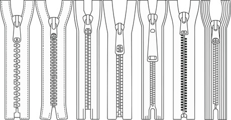 Set of zipper outlines, sewing fasteners, clothing accessories, black line art vector, fashion design elements, isolated on white background. © Hasan Creatives