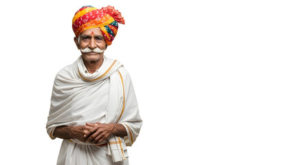 Elderly indian man with a colorful turban and traditional clothing smiling softly