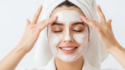 Happy woman applying white creamy face mask for skincare