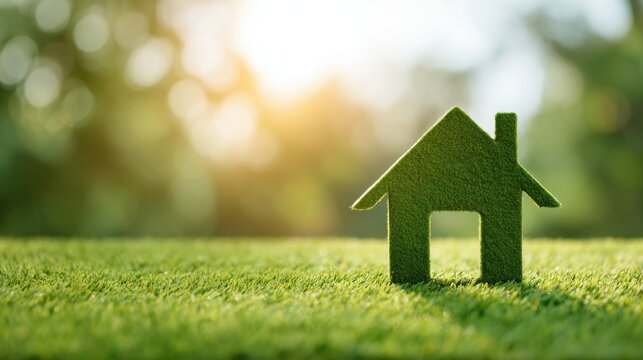 A small green model of a house stands on bright green grass under warm sunlight. This scene symbolizes eco friendly living and sustainable practices.