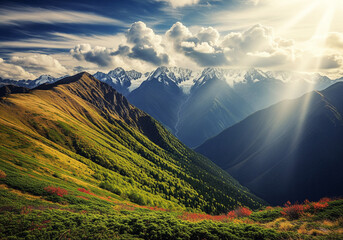 Scenic mountain landscape with sunbeams a valley view with snow-capped peaks perfect for travel and nature themes