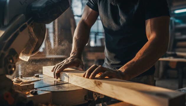 A craftsman cutting a wooden plank with a miter saw in a dusty workshop, focusing on hands and tools.