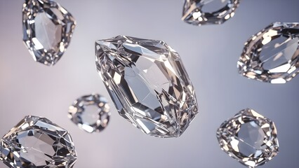 Transparent diamonds or crystals appearing to float, presented in a realistic style with soft lighting highlights. The shallow depth of field adds an elegant and modern impression.