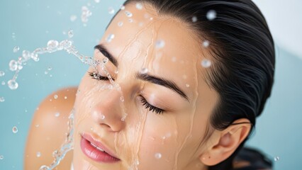 Naklejka premium Fresh Water Splashing on a Woman's Face for Cleanliness