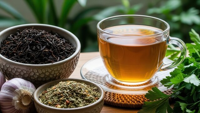 Warm herbal tea in a glass mug with dried herbs and garlic bulbs on a wooden surface surrounded by greenery - Powered by Adobe
