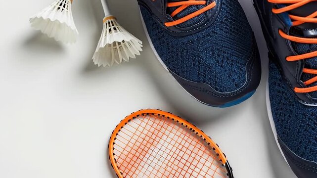 Overhead view of blue and orange athletic shoes, a badminton racket, and two shuttlecocks on a white background.