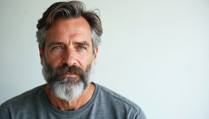 Obraz premium Mature man portrait in studio. Grey beard and hair. Male with intense gaze looks direct. Serious face expression. Senior adult person wears casual shirt.