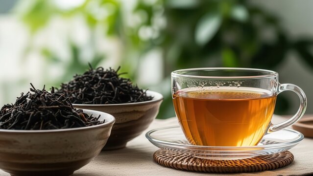 A steaming cup of hot black tea sits beside two bowls filled with dried black tea leaves on a wooden table - Powered by Adobe