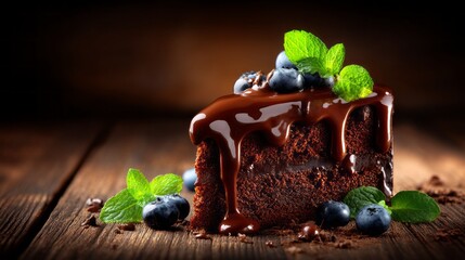 A rich chocolate cake sits enticingly on a weathered wooden surface, adorned with ripe blueberries and fresh mint leaves, illuminated by soft, warm light