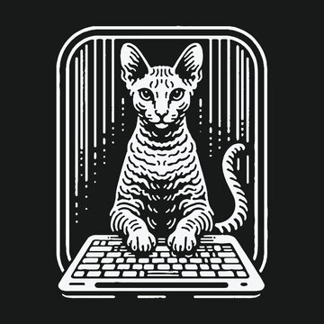 Monochrome graphic illustration of a Sphynx cat on a laptop keyboard.