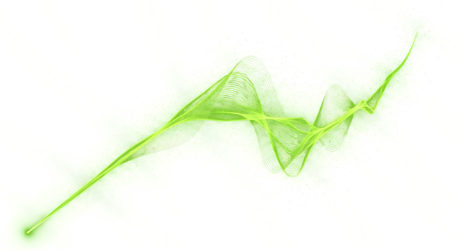 Dynamic glowing green energy wave pulsates through dark abstract space with subtle sparkling particles