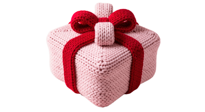 Hyper-realistic knitted gift box wrapped with a thick yarn ribbon. Soft textures, minimalistic shapes and cozy Valentine’s Day