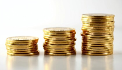 Gold coins stacked in three columns against white background. Financial concept of growth increase investment. Stacks of money depict financial success. Savings grow with profits