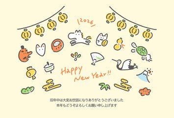 馬と日本の正月のお祭り風の手描きのかわいい年賀状テンプレート　2026 提灯・鶴亀・富士山・松竹梅