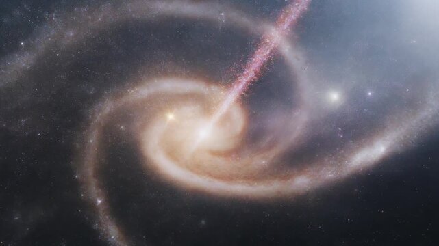 Quasar Jet Erupting from Spiral Galaxy in Deep Space Background