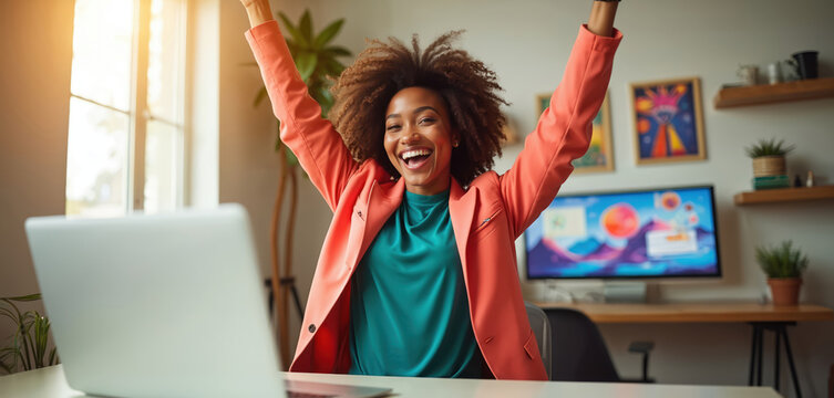 Young woman celebrates success at home office desk. She smiles and raises arms with joy after achieving career goal. Girl finishes project on laptop.