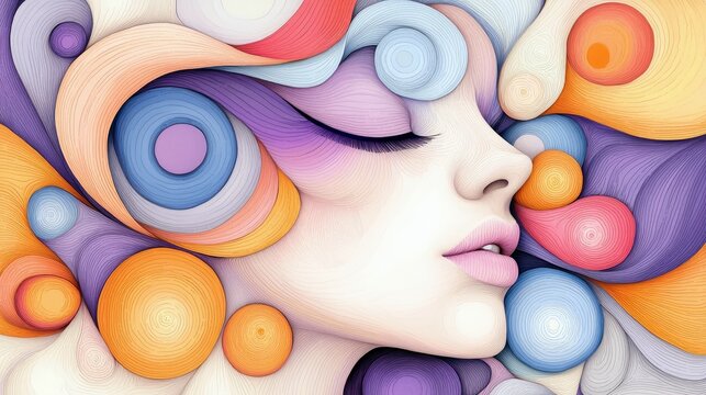 Close-up of a woman's profile with closed eyes, surrounded by colorful, abstract hair and shapes. The artwork features a soft, pastel color palette and a dreamy