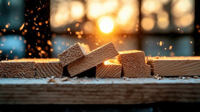Close-up shot of wooden blocks with sawdust flying in the air, captured during the golden hour in a workshop setting.