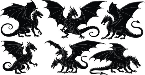 Epic black dragon silhouette collection, fierce mythical creature poses with wings, tails, and detailed scales, fantasy monster vector illustration set for designers, decoration, and games