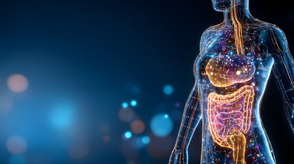 Human Digestive System Anatomy with Glowing Organs and Blue Background.