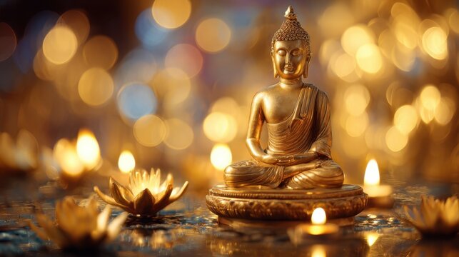 A serene golden Buddha statue sits at the center surrounded by glowing candles and delicate lotus flowers. The warm light creates a peaceful atmosphere for meditation. - Powered by Adobe