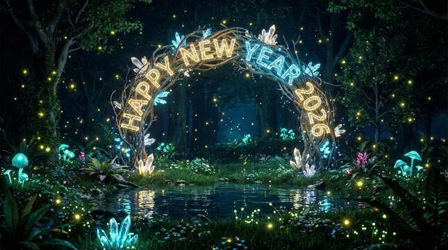 Enchanted New Year 2026 Crystal Archway. A magical, glowing archway spells "Happy New Year 2026" within an enchanted forest setting, glowing mushrooms, and firefly lights over a still pond.