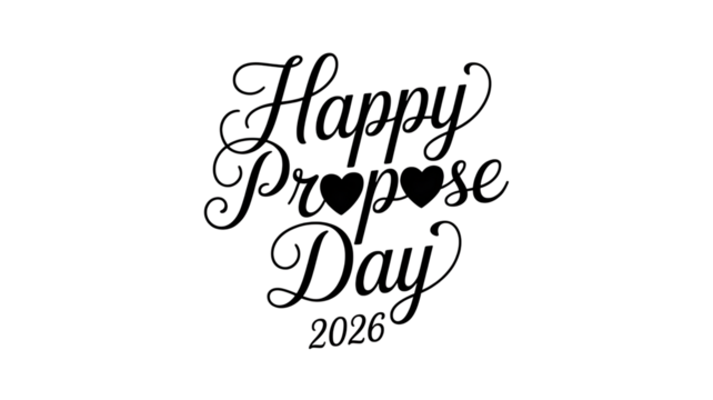 Happy propose day 2026 elegant script typography with heart accents, isolated on transparent background
