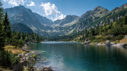 Beautiful landscape featuring a calm lake surrounded by majestic mountains and evergreen trees. The scene captures the serenity of nature on a sunny day inviting relaxation.