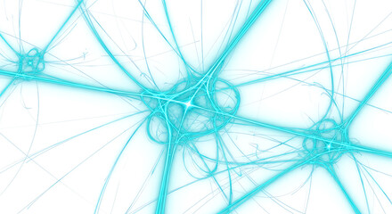 Dynamic cyan light streaks create abstract futuristic network against deep black void