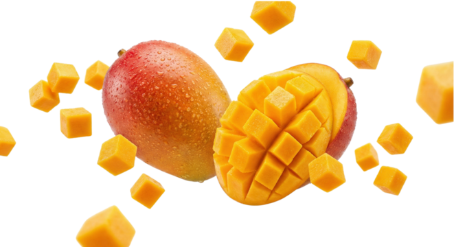 Fresh ripe mangoes and cubes floating in the air