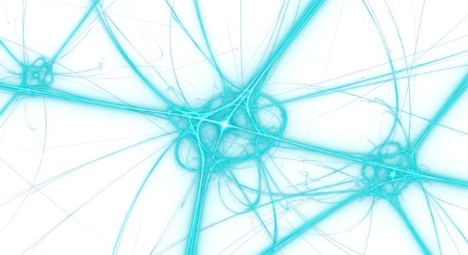 Dynamic cyan light streaks create abstract futuristic network against deep black void
