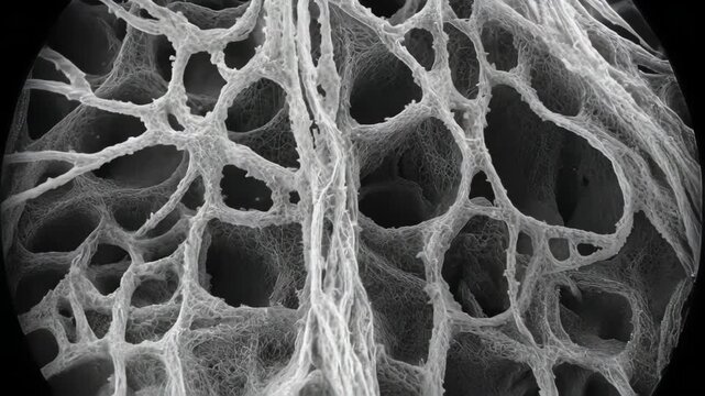 Microscopic view of complex organic structures, skeletal-like formations