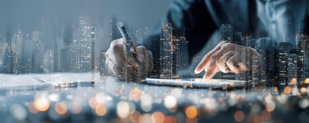 Digital technology, Business network connection, Teamwork, Deal, Partnership and data exchange, Investment analysis, planning and strategy. Businessman working with digital device on smart city
