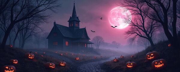 Spooky Halloween night landscape with glowing jack-o-lanterns lining a path to a creepy haunted house. A large pink moon hangs in the misty sky with bats flying.
