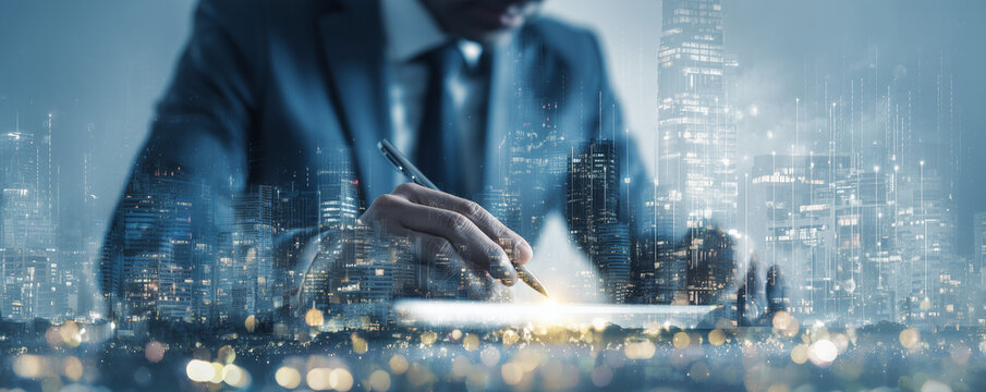 Digital technology, Business network connection, Teamwork, Deal, Partnership and data exchange, Investment analysis, planning and strategy. Businessman working with digital device on smart city