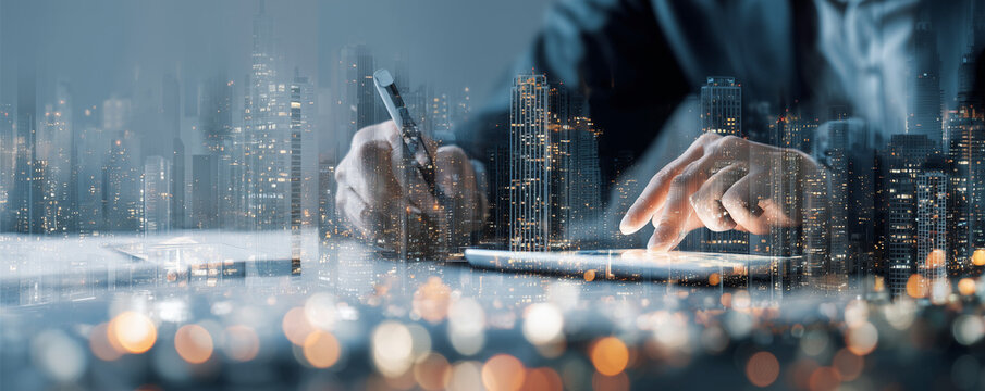 Digital technology, Business network connection, Teamwork, Deal, Partnership and data exchange, Investment analysis, planning and strategy. Businessman working with digital device on smart city - Powered by Adobe