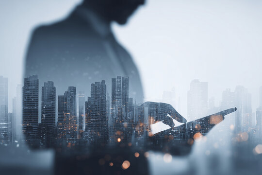 Digital technology, Business network connection, Teamwork, Deal, Partnership and data exchange, Investment analysis, planning and strategy. Businessman working with digital device on smart city