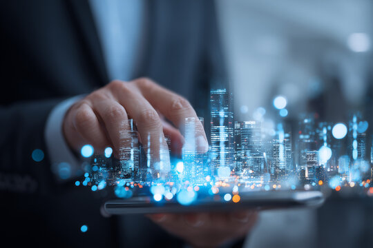 Digital technology, Business network connection, Teamwork, Deal, Partnership and data exchange, Investment analysis, planning and strategy. Businessman working with digital device on smart city