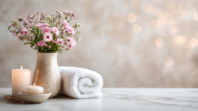 A peaceful spa scene featuring a vase of pink flowers a burning candle and a neatly rolled towel all set on a marble countertop with soft blurred lighting.