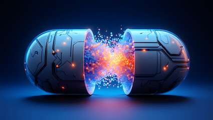 Exploding Capsule with Glowing Particles and Digital Circuitry on Dark Blue Background image photo