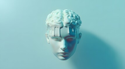 Human head with brain and microchip in a futuristic setting, representing artificial intelligence and technology.