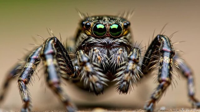 A small, fuzzy jumping spider with bright green eyes looks intently forward from a detailed macro perspective on a textured surface.