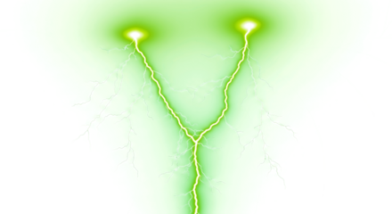 Electric green lightning bolts strike from above against darkness, powerful energy, dynamic storm effect